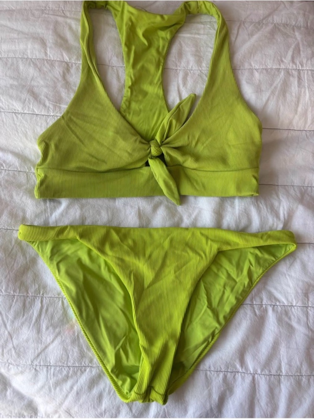 Lime Green Ribbed Tie-Front Bikini Set